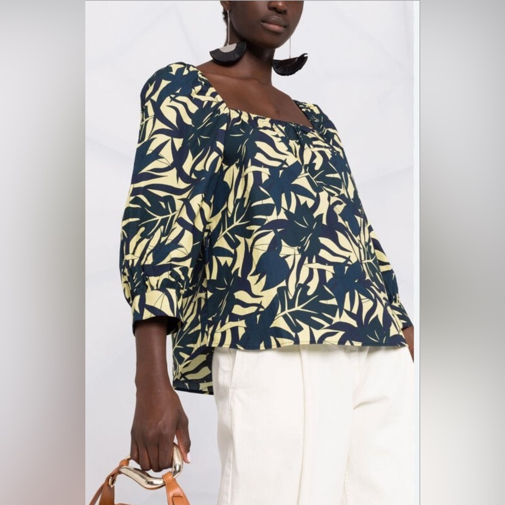 Ba&sh Wally Leaf Print Square Neck Cotton Top, Sz M